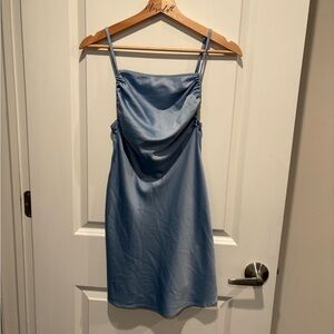 Danielle Bernstein Blue Satin Ruched Top Slip Dress